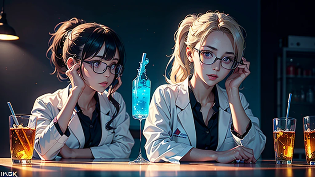 cinderella girl,1girl,long purple hair,ponytail,glasses,white lab coat,curious expression,inquisitive face, with glass sample tubes, doing an experiment with bright liquids, white laboratory background,(best quality,8k,highres,masterpiece:1.2),ultra-detailed,(realistic:1.37),professional,vivid colors,studio lighting,physically-based rendering,concept art