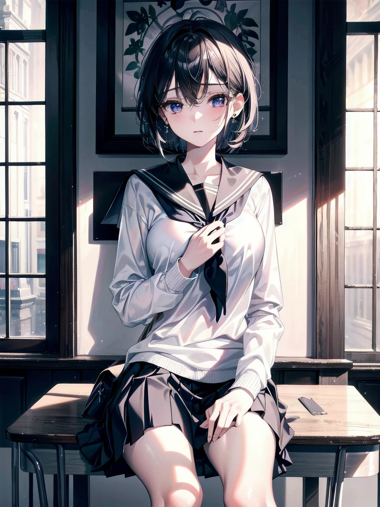 absurdres, RAW photo, extremely delicate and beautiful, masterpiece, Best Quality, ultra high resolution, 32k, hyperrealistic, ultra-detailed, tearful mole, earring, medium breasts, whole body shot, medium hair, asymmetrical hair, ((school_uniform)), short skirt,