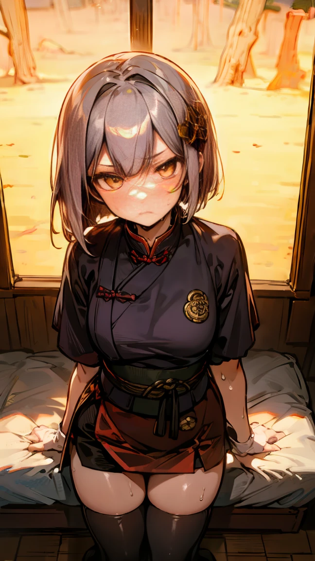 young girl 15 years old, short silver bob hair, hair flower, sharp bangs between the eyes, yellow eyes, eyes large, dominant look, cold stare, somewhat angry expression. traditional chinese imperial clothes black with gold details, red skirt, black thigh high socks. slenderbody. On your knees on the bed, kneeling. front point of view, far view. in a Japanese room, at night, with full moon in the background, light reflecting on the sexy and sweaty body. (((sweat)))