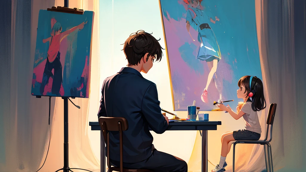 2 people, girl and boy back to each other, the girl is wearing head phone and sit on chair in front of a microphone, the boy is painting on a canva
