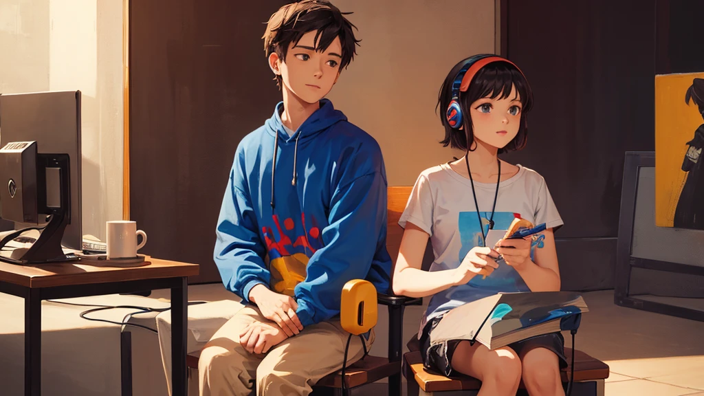 2 people, girl and boy back to each other, the girl is wearing head phone and sit on chair in front of a microphone, the boy is painting on a canva