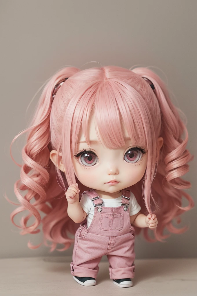 chibi drawing,  with long pink curly hair dressed in overalls 