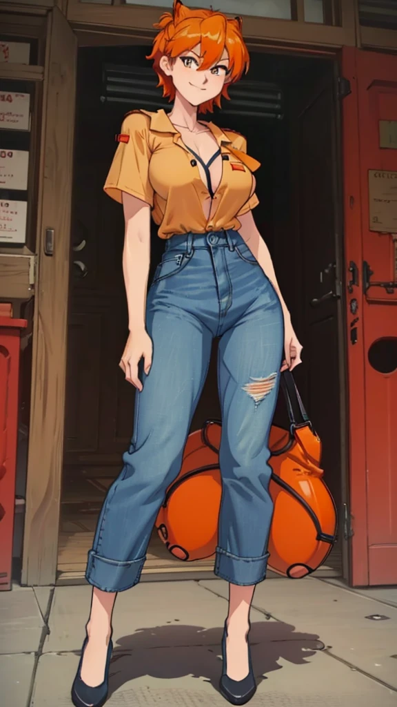 female, red short hair with yellow highlights, orange eyes, (((1girl))), (((black unbuttoned short sleeve shirt))), (orange long sleeve shirt), (blue denim jeans), (black flats), cute and sexy, large breasts, large butt, full body, long legs, smiling