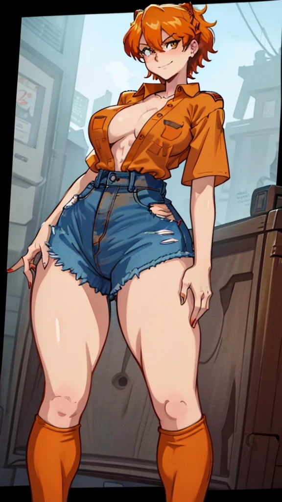 female, red short hair with yellow highlights, orange eyes, (((1girl))), (((black unbuttoned short sleeve shirt))), (orange long sleeve shirt), (blue denim jeans), (black flats), cute and sexy, large breasts, large butt, full body, long legs, smiling