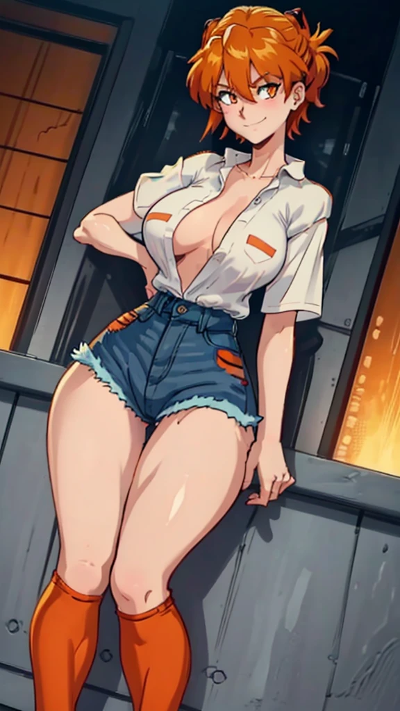 female, red short hair with yellow highlights, orange eyes, (((1girl))), (((black unbuttoned short sleeve shirt))), (orange long sleeve shirt), (blue denim jeans), (black flats), cute and sexy, large breasts, large butt, full body, long legs, smiling