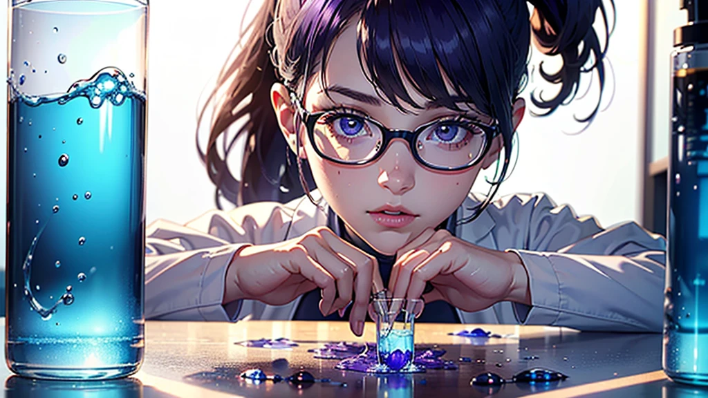 cinderella girl,1girl,long purple hair,ponytail,glasses,white lab coat,curious expression,inquisitive face, with glass sample tubes, doing an experiment with bright liquids, white laboratory background,(best quality,8k,highres,masterpiece:1.2),ultra-detailed,(realistic:1.37),professional,vivid colors,studio lighting,physically-based rendering,concept art