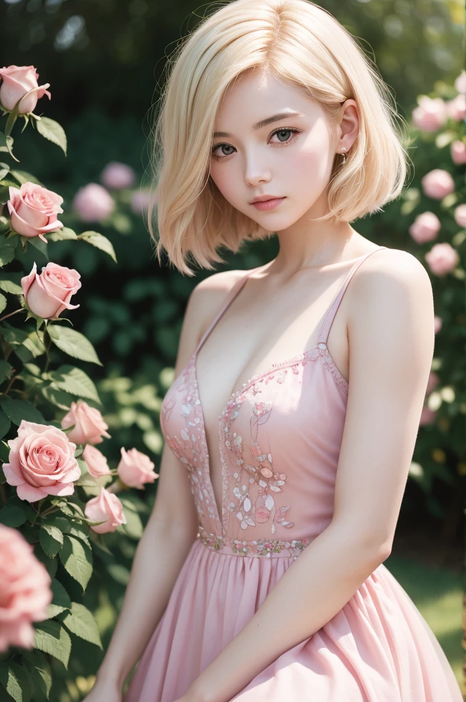 8k, RAW photo, Fujifilm, style photo of a beautiful young woman as avril in a garden of light pink roses (highly detailed skin: 1.2) Style-Petal BREAK short hair, blonde hair with colored locks, wearing a dress, film granulation, 35mm, cute style