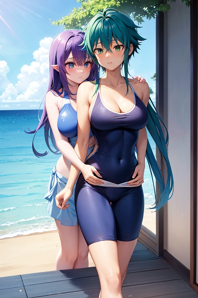 Rimuru Tempest, in its feminine form 1.90 meters with O cup breasts, golden eyes that reflect wisdom and shapely legs, She is wearing a blue swimsuit that highlights her imposing and elegant figure while she enjoys a day at the beach. She is hugging Izuku Midoriya, who, with his height of 1.66 meters, athletic build and defined muscles, He wears a swimsuit with shorts that shows off his worked physique.. Rimuru, with her long silky baby blue hair cascading down to her waist, He wraps his arms around Izuku., gently pressing her breasts against Izuku's back in a gesture of love and protection. both, as a couple, enjoy the sea breeze and the warm sun, with the sand at your feet and the relaxing sound of the waves, creating a moment of intimacy and deep connection between them in this idyllic setting