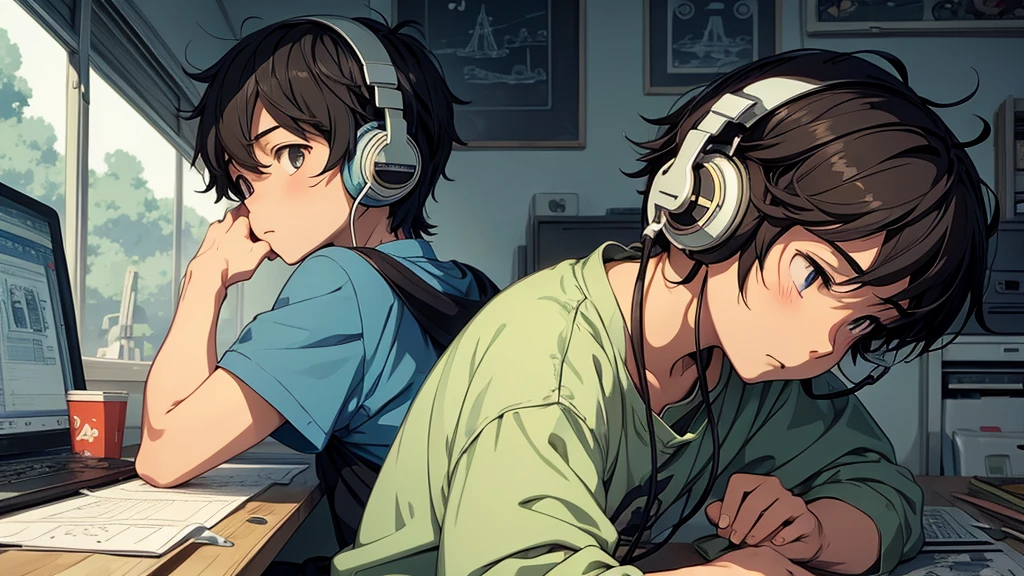 studio Ghibli or Lofi illustrations boy with headphones thinking