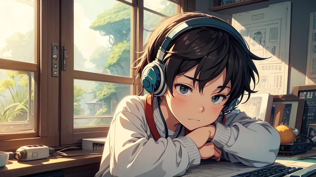 studio Ghibli or Lofi illustrations boy with headphones thinking