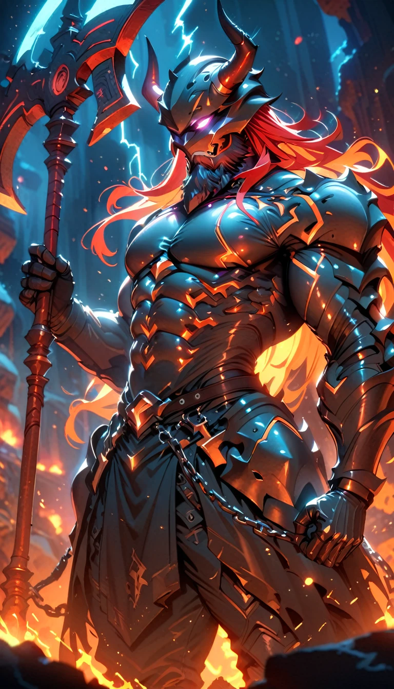 ((best quality)) , ((masterpiece)) , (detailed),axe, 1boy, male focus, horns, glowing eyes, holding, beard, glowing, solo, weapon, holding axe, facial hair, muscular, fire, holding weapon, chain, looking at viewer, long hair, lightning, muscular male, red hair, horned helmet, armor, helmet, belt, fake horns, molten rock, feet out of frame, standing, battle axe, electricity