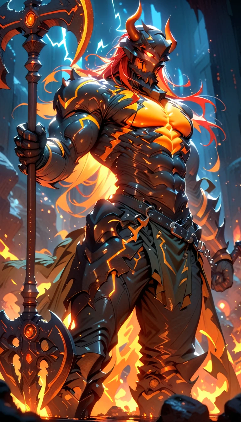 ((best quality)) , ((masterpiece)) , (detailed),axe, 1boy, male focus, horns, glowing eyes, holding, beard, glowing, solo, weapon, holding axe, facial hair, muscular, fire, holding weapon, chain, looking at viewer, long hair, lightning, muscular male, red hair, horned helmet, armor, helmet, belt, fake horns, molten rock, feet out of frame, standing, battle axe, electricity