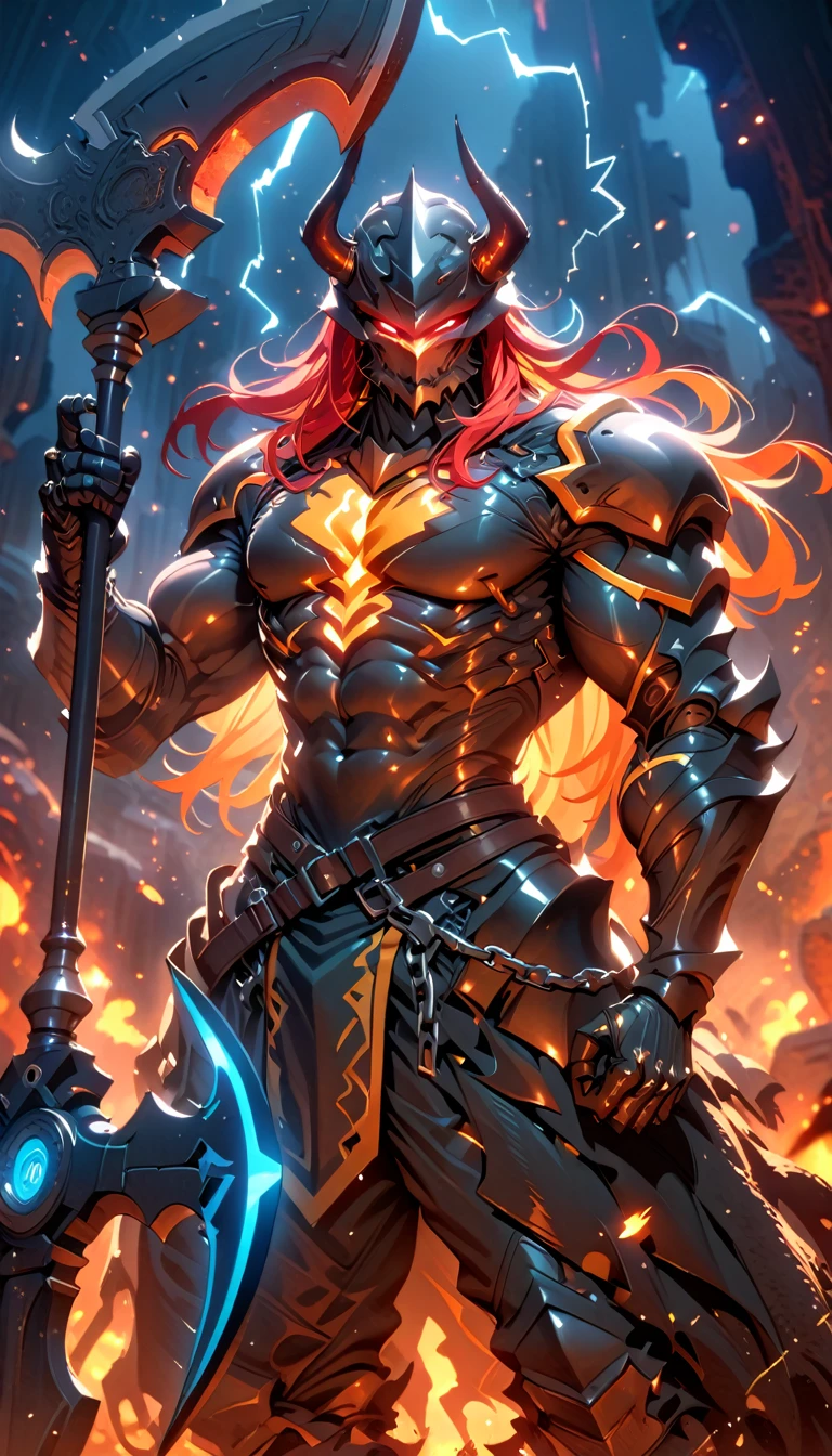 ((best quality)) , ((masterpiece)) , (detailed)，axe, 1boy, male focus, horns, glowing eyes, holding, beard, glowing, solo, weapon, holding axe, facial hair, muscular, fire, holding weapon, chain, looking at viewer, long hair, lightning, muscular male, red hair, horned helmet, armor, helmet, belt, fake horns, molten rock, feet out of frame, standing, battle axe, electricity