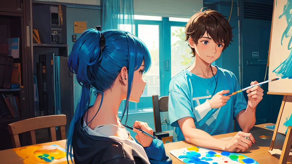 2 people, girl and boy back to each other, the girl is wearing head phone and sit on chair in front of a microphone, the boy is painting on a canva