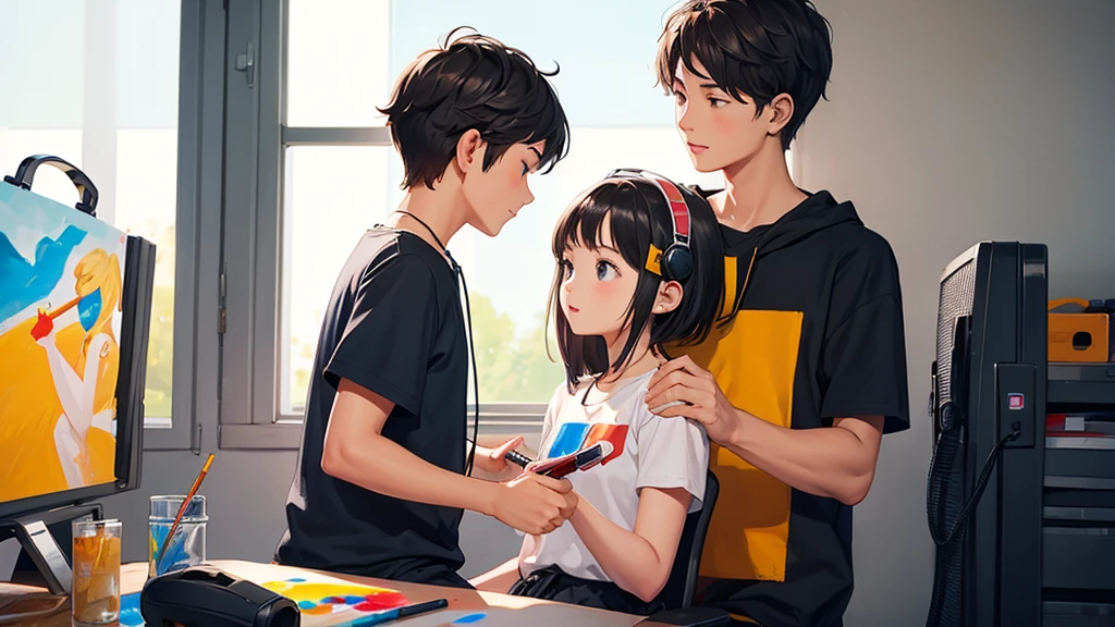 2 people, girl and boy back to each other, the girl is wearing head phone and sit on chair in front of a microphone, the boy is painting on a canva