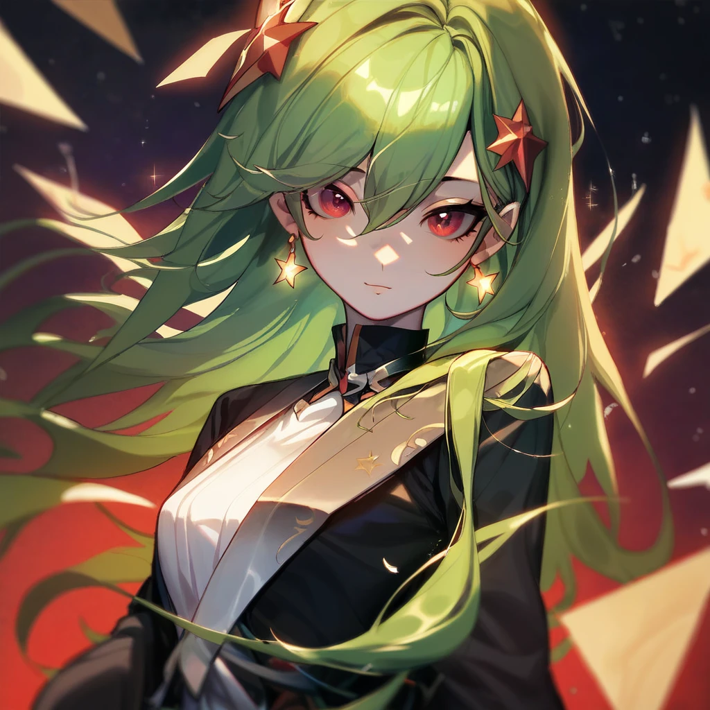 score_9, score_8_up, score_7_up, score_6_up, score_5_up, score_4_up,  (by aki99), source_pony, rating_suggestive, (feral unicorn), bedroom eyes, shiny, masterpiece, detailed soft lighting, ear fluff, green_hair, straight_hair, Short_Hair, Fluffy_Hair, wolfcut_hair, light_green_skin, Red_eyes, hair_acessorios, Stars, Sparkles.