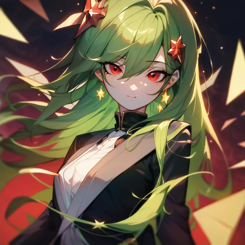 score_9, score_8_up, score_7_up, score_6_up, score_5_up, score_4_up, (by aki99), source_pony, rating_suggestive, (feral unicorn), bedroom eyes, shiny, masterpiece, detailed soft lighting, ear fluff, green_hair, straight_hair, Short_Hair, Fluffy_Hair, wolfcut_hair, light_green_skin, Red_eyes, hair_acessorios, Stars, Sparkles.