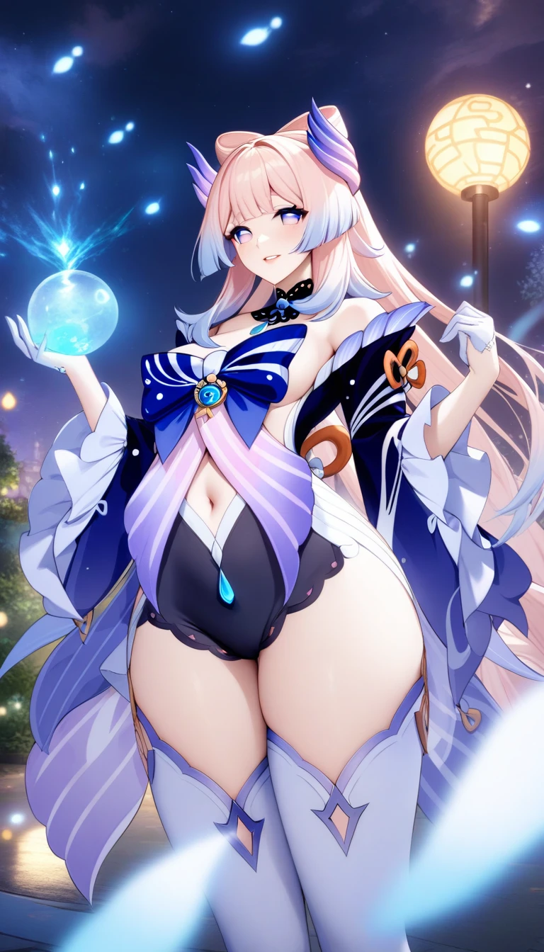 masterpiece, best quality, very aesthetic, absurdres, 1girl, mature_lady, Mummy_clothes, bandage_clothes, bandaged_chest, bandaged_fingers, bandaged_hand, bandaged_head, bandaged_neck, bandaged_thighs, bandaged_pants, bandages cover body, ,sangonomiya_kokomi(genshin_impact), blue_hair, pink_hair, multicolored_eyes, long_hair, bow-shaped_hair, colored_tips,,on stage,floating_clothes
