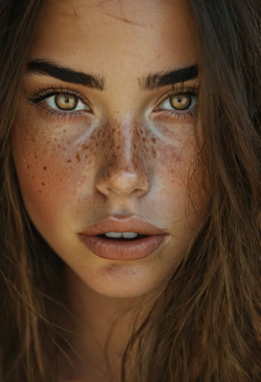 beautiful young girl, long brown hair, amber eyes, freckles on the nose and cheekbones, thick lips, thick black eyebrows