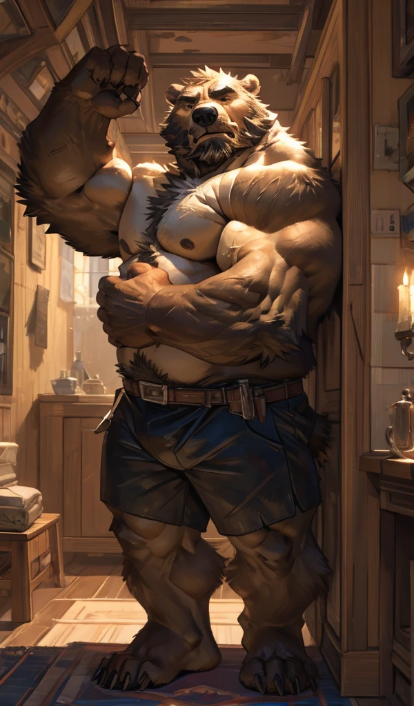 By Taran Fiddler, one man, anthro canine (Bearded Grizzly bear), adult male, elderly, slightly wrinkled face, black eyebrows, stern facial expression, grumpy, bushy mustache, mustache covering mouth, slightly short height, dilf, hands on the wall, pushing against wall, shirtless, black shorts, facing away from viewer, boat interior, inside living quarters, back shot angle of character