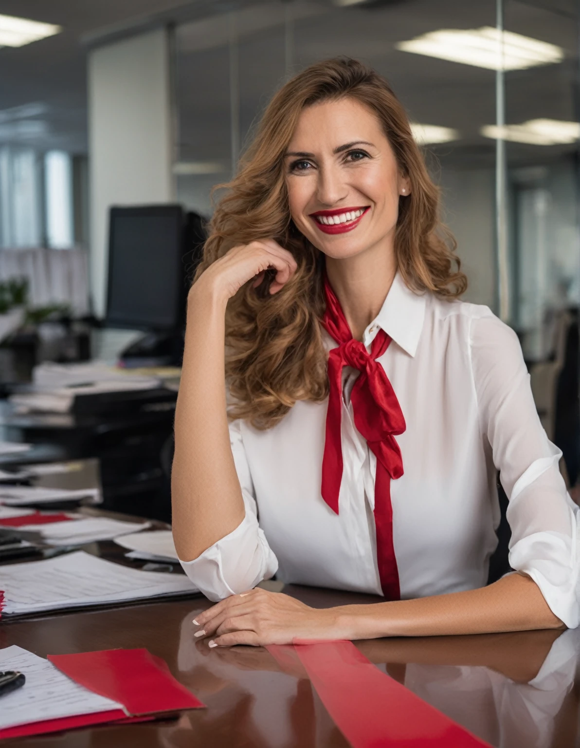 woman with light brown hair dressed in red haute couture bleise white blouse underneath in an office sitting at the desk decorated office she has her arms crossed right in front of me images
high quality full hd 4kelegant and smiling