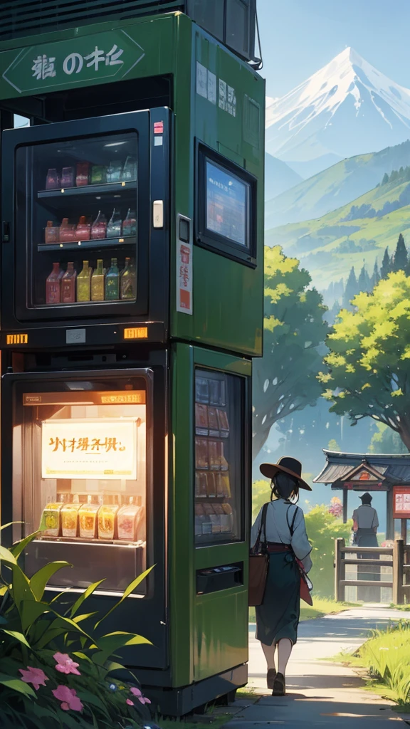 A scenic view in a rural area with mountains in the background and a clear sky, two individuals walking away wearing yukatas and wide-brimmed hats, a vending machine with Japanese text, lush greenery, and blooming flowers.