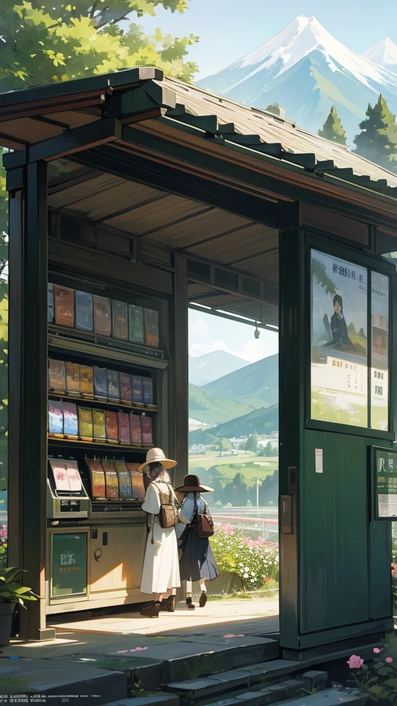 A scenic view in a rural area with mountains in the background and a clear sky, two individuals walking away wearing yukatas and wide-brimmed hats, a vending machine with Japanese text, lush greenery, and blooming flowers.