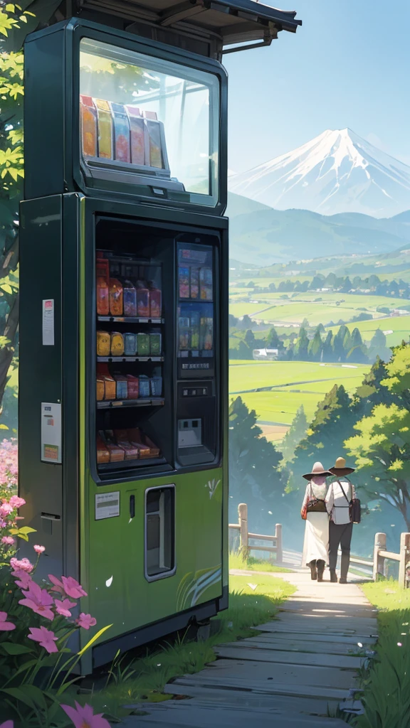 A scenic view in a rural area with mountains in the background and a clear sky, two individuals walking away wearing yukatas and wide-brimmed hats, a vending machine with Japanese text, lush greenery, and blooming flowers.