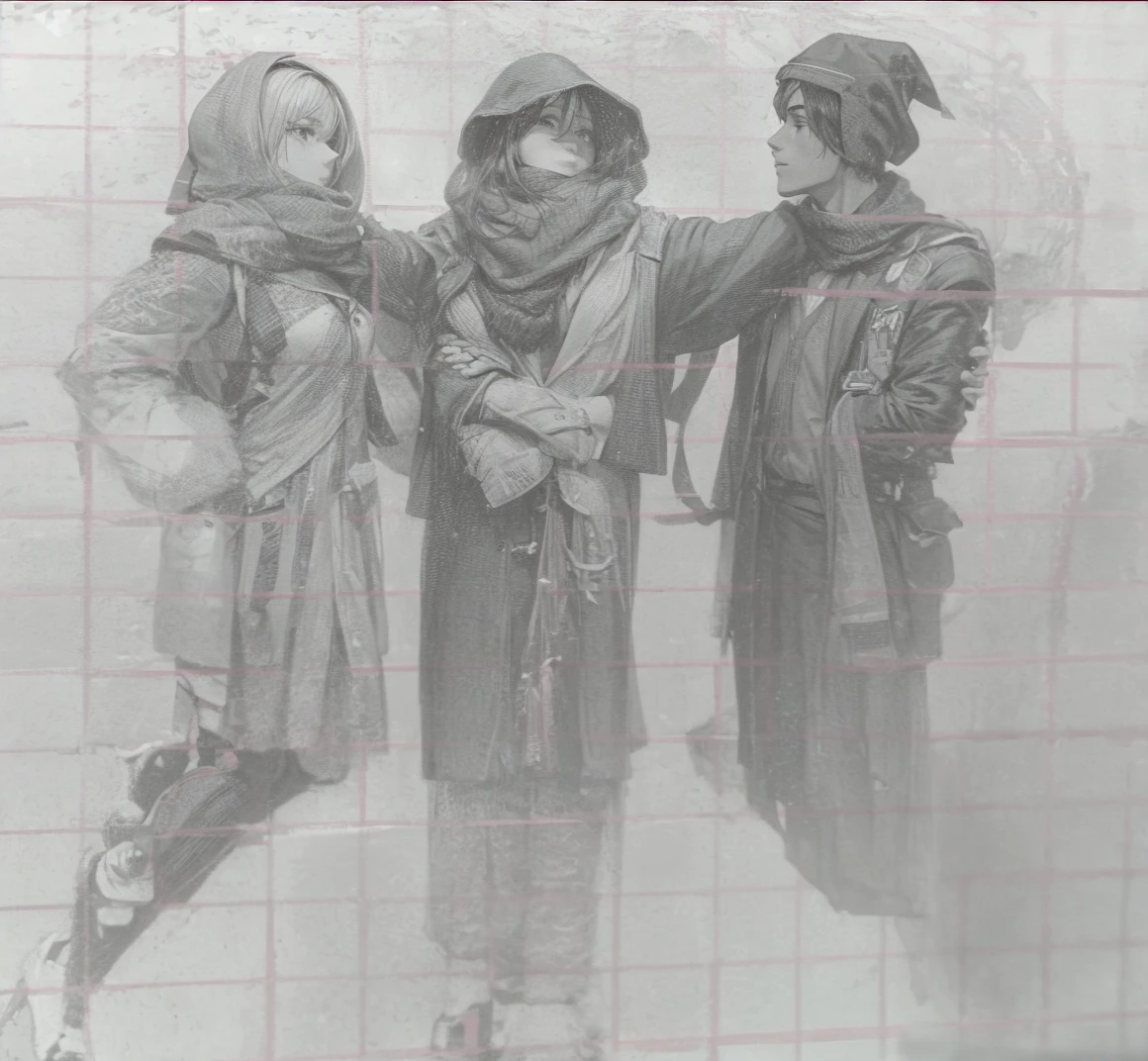 3 student with uniforms, a beautiful woman with a scarf, In the middle, a student with a scarf and jacket is studying., and the side a muscular male, tall and hugged with a happy back looking at the sun ahead. 