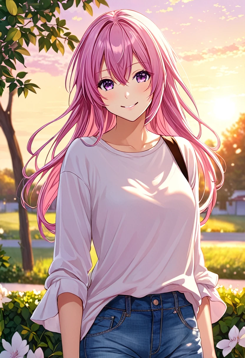 Megurine Luka smile casual clothes jeans pants colored morning peace upper body