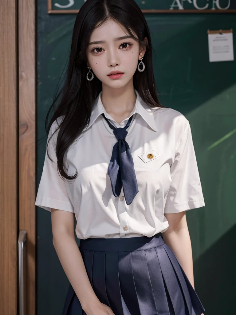 absurdres, RAW photo, extremely delicate and beautiful, masterpiece, Best Quality, ultra high resolution, 32k, hyperrealistic, ultra-detailed, tearful mole, earring, medium breasts, whole body shot, medium hair, asymmetrical hair, ((school_uniform)), short skirt,