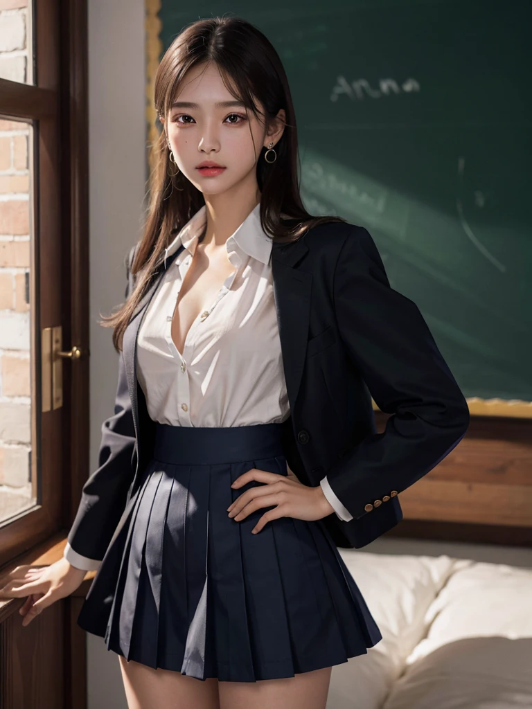 absurdres, RAW photo, extremely delicate and beautiful, masterpiece, Best Quality, ultra high resolution, 32k, hyperrealistic, ultra-detailed, tearful mole, earring, medium breasts, whole body shot, medium hair, asymmetrical hair, ((school_uniform)), short skirt,