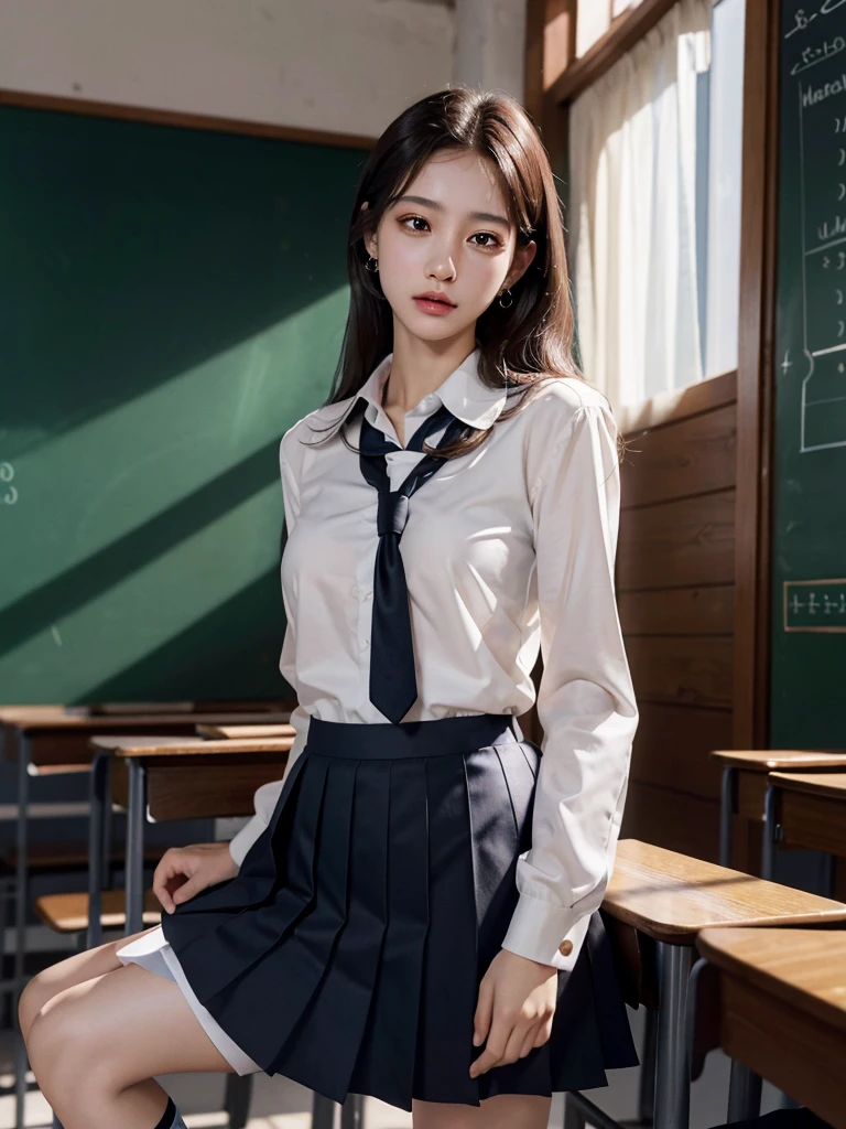 absurdres, RAW photo, extremely delicate and beautiful, masterpiece, Best Quality, ultra high resolution, 32k, hyperrealistic, ultra-detailed, tearful mole, earring, medium breasts, whole body shot, medium hair, asymmetrical hair, ((school_uniform)), short skirt,