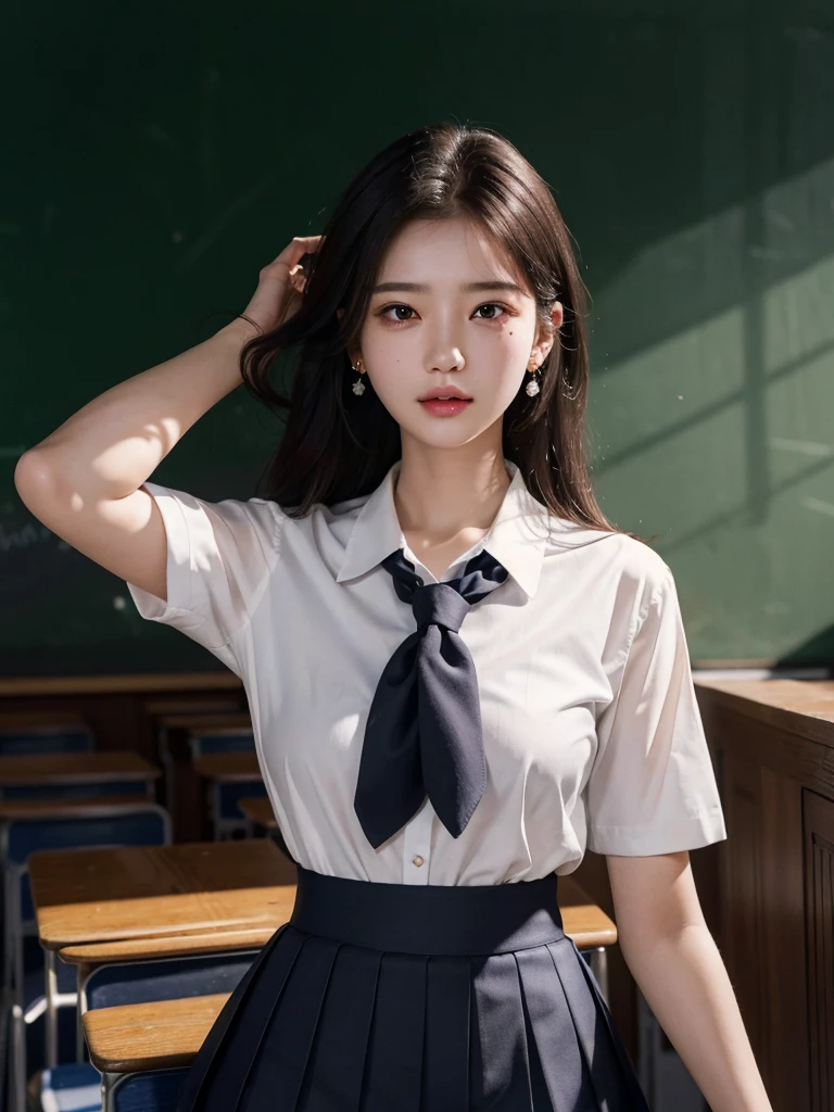 absurdres, RAW photo, extremely delicate and beautiful, masterpiece, Best Quality, ultra high resolution, 32k, hyperrealistic, ultra-detailed, tearful mole, earring, medium breasts, whole body shot, medium hair, asymmetrical hair, ((school_uniform)), short skirt,