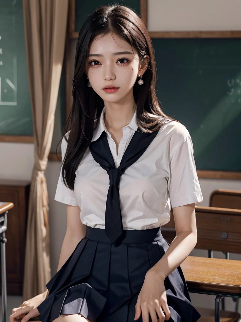 absurdres, RAW photo, extremely delicate and beautiful, masterpiece, Best Quality, ultra high resolution, 32k, hyperrealistic, ultra-detailed, tearful mole, earring, medium breasts, whole body shot, medium hair, asymmetrical hair, ((school_uniform)), short skirt,
