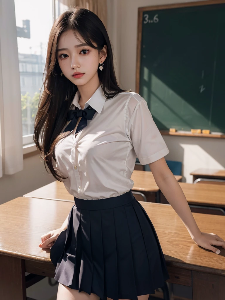 absurdres, RAW photo, extremely delicate and beautiful, masterpiece, Best Quality, ultra high resolution, 32k, hyperrealistic, ultra-detailed, tearful mole, earring, medium breasts, whole body shot, medium hair, asymmetrical hair, ((school_uniform)), short skirt,