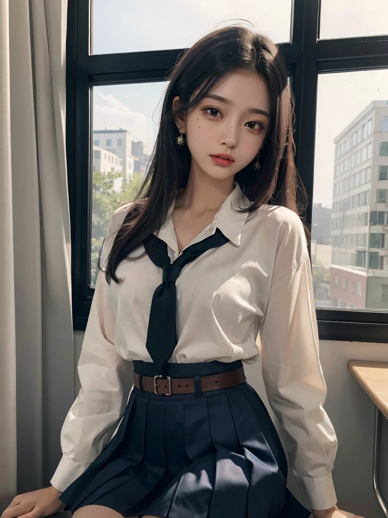 absurdres, RAW photo, extremely delicate and beautiful, masterpiece, Best Quality, ultra high resolution, 32k, hyperrealistic, ultra-detailed, tearful mole, earring, medium breasts, whole body shot, medium hair, asymmetrical hair, ((school_uniform)), short skirt,