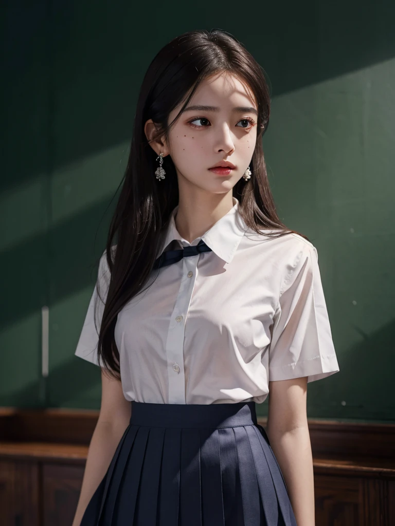 absurdres, RAW photo, extremely delicate and beautiful, masterpiece, Best Quality, ultra high resolution, 32k, hyperrealistic, ultra-detailed, tearful mole, earring, medium breasts, whole body shot, medium hair, asymmetrical hair, ((school_uniform)), short skirt,
