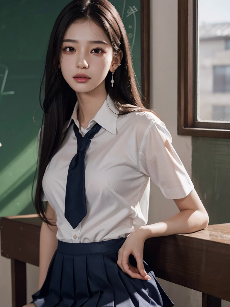 absurdres, RAW photo, extremely delicate and beautiful, masterpiece, Best Quality, ultra high resolution, 32k, hyperrealistic, ultra-detailed, tearful mole, earring, medium breasts, whole body shot, medium hair, asymmetrical hair, ((school_uniform)), short skirt,