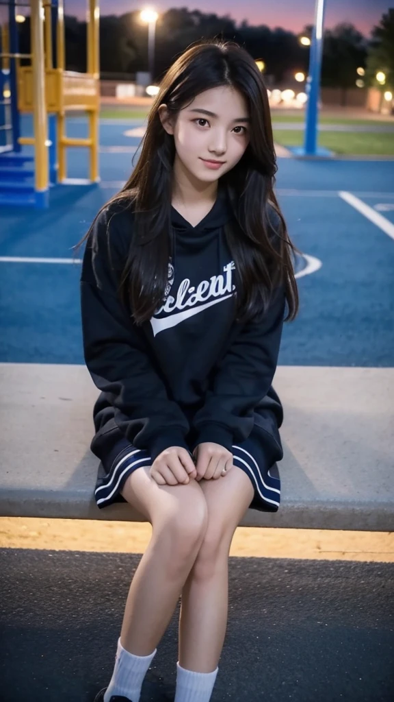 First-person perspective,a female high school student,Sit on the playground,night,wearing jk,Lovely