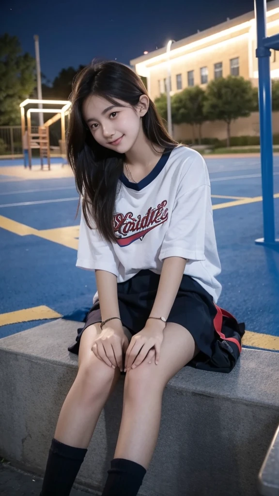 First-person perspective,a female high school student,Sit on the playground,night,wearing jk,Lovely