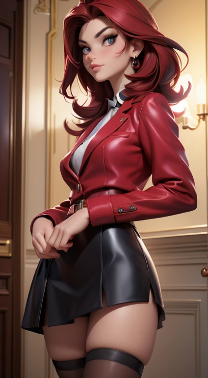 (best quality,4k,8k,highres,masterpiece:1.2),ultra-detailed,(realistic,photorealistic,photo-realistic:1.37),brunette woman,21 years old,thin and small,(beautiful,gorgeous:detailed) eyes,(beautiful,gorgeous:detailed) lips,(extremely detailed,defined) eyes and face,longeyelashes,college uniform,(red,crimson) tie,(red,scarlet) hair,(beautiful,attractive) beauty,(high,dark) stockings,(short,knee-length) black skirt, (stylish,classy), (elegant,sophisticated) pose, (bright,vibrant) lighting, (portrait,concept artist), (warm,rich) color tone