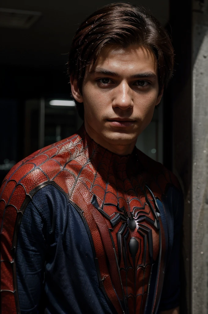 A photograph of spider man, no mask, 20 yo, handsome, detailed face, looking at camera, portrait, 8k uhd, high quality