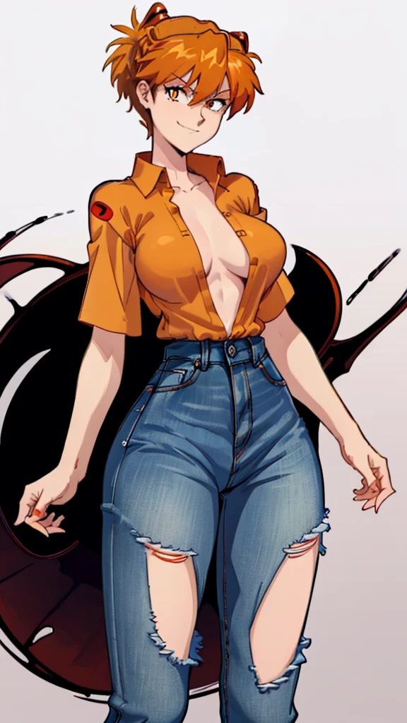 female, red short hair with yellow highlights, orange eyes, (((1girl))), (((black unbuttoned short sleeve shirt))), (orange long sleeve shirt), (blue denim jeans), (black flats), cute and sexy, large breasts, large butt, full body, long legs, smiling ASUKA LANGLEY 