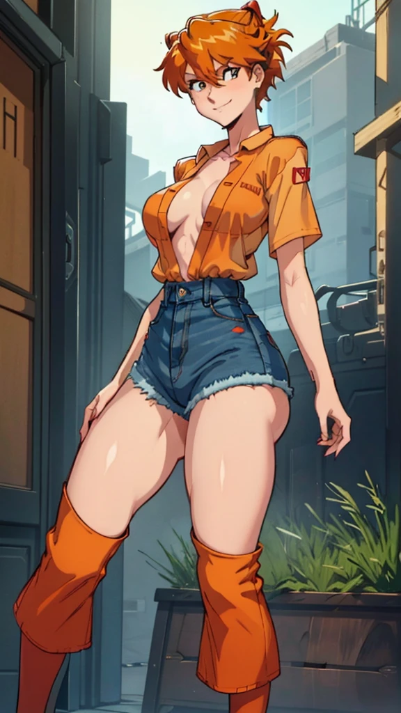 female, red short hair with yellow highlights, orange eyes, (((1girl))), (((black unbuttoned short sleeve shirt))), (orange long sleeve shirt), (blue denim jeans), (black flats), cute and sexy, large breasts, large butt, full body, long legs, smiling ASUKA LANGLEY 