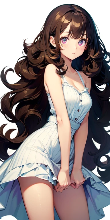 1 girl, breasts small, brown hair, skin tanned, curly hair, long hair, black and yellow and white dress, purples eyes