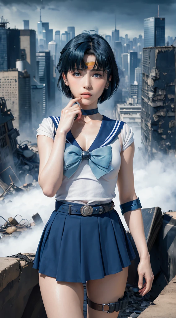 masterpiece, Highest quality, High resolution, Mercury 1, One girl, alone, Sailor Warrior Uniform, Sailor Mercury, Mizuno Ami, Blue Hair, Magical girl, blue eyes, Blue Skirt, Elbow hand pockets, tiara, Pleated skirt, Hair Ribbon, Blue Sailor Collar, mini skirt, choker, blue choker, White gloves, Short Hair,  jewelry,  Earrings, Cowboy Shot,More detailed 8K.Unreal Engine:1.4,超High resolution,La Highest quality:1.4, Realistic:1.4, Skin Texture:1.4, masterpiece:1.8,first work, Highest quality,Object Object], (Detailed facial features:1.3),(Fine hand:1.4),(Apocalyptic destroyed cityscape:1.4)