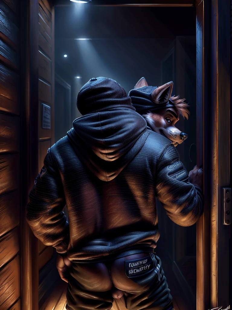 by personalami, by place, by kenket, by taran violinist, male, alone, antro (fox), (fnaf), (sly), Adult, Photorealistic, Hyper realistic, ultra-detailed, natural pose, (muscular, burly), (( run)), ((safety short hoodie:1.2)), (furry), ((butt view)), (detailed background, hallway), ((mature male)), father figure, mature male, hunk , daddy, dilf, ((highly detailed clothing)), ((Highly detailed tail)), ((from behind)), ((highly detailed skin texture)), ((highly detailed hands)), ((highly detailed hands) well drawn)), ((down hoodie)), ((very detailed lighting)), ((natural lighting)), ((black boxers)), ((security guard cap)), ((Night )), ((dark)) A semi-medium long flaccid penis with foreskin visible, testicles,
