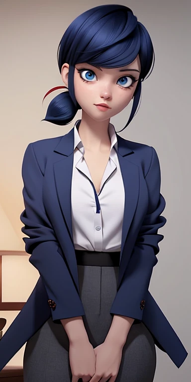 Dark blue, bob-cut hair with red-tipped ponytail, blue eyes, light makeup with winged eyeliner, neutral expression, white shirt with floral design, gray blazer, chest-up view