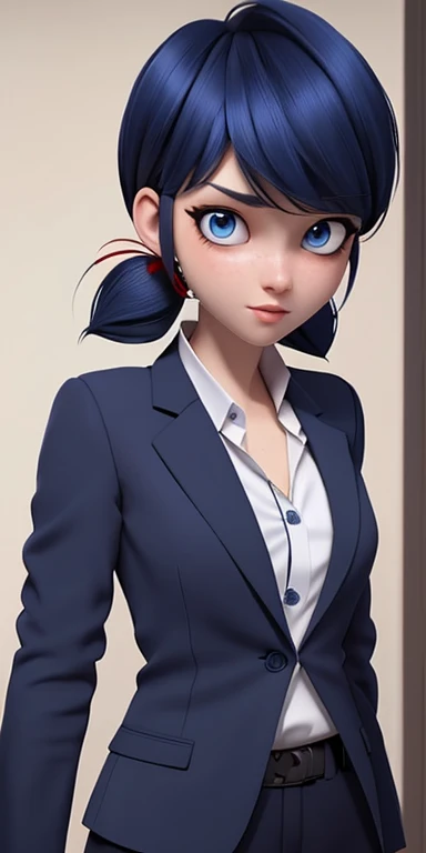 Dark blue, bob-cut hair with red-tipped ponytail, blue eyes, light makeup with winged eyeliner, neutral expression, white shirt with floral design, gray blazer, chest-up view